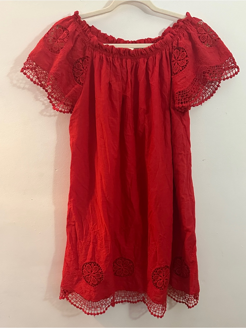 Indigo Red Off-Shoulder Crochet Sleeve Dress